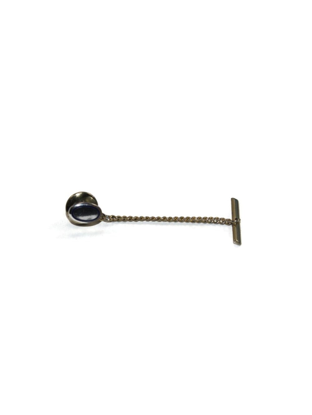 Vintage Silver Tone Oval Tie Tack with Chain, Minimalist Style.